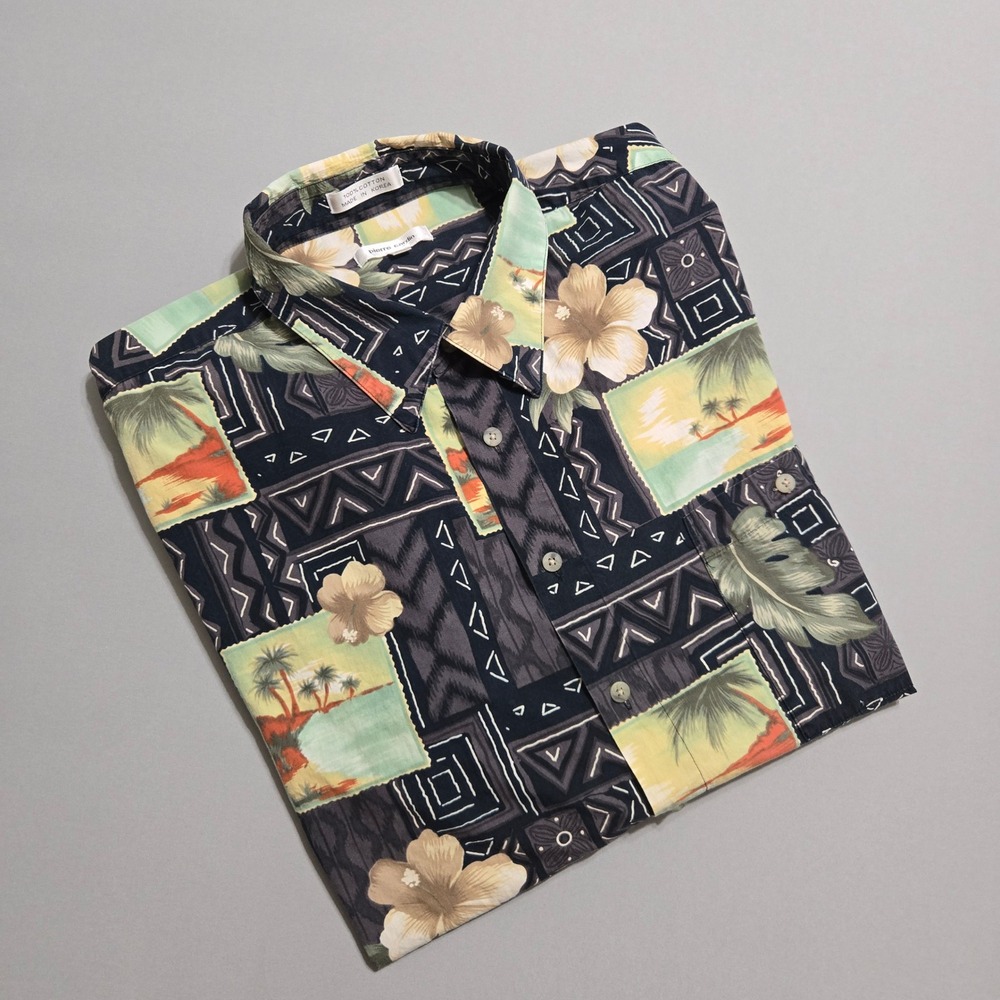 Pierre‎ Cardin Shirt Button Up 3XL Black Tropical Hibiscus Palm Geometric